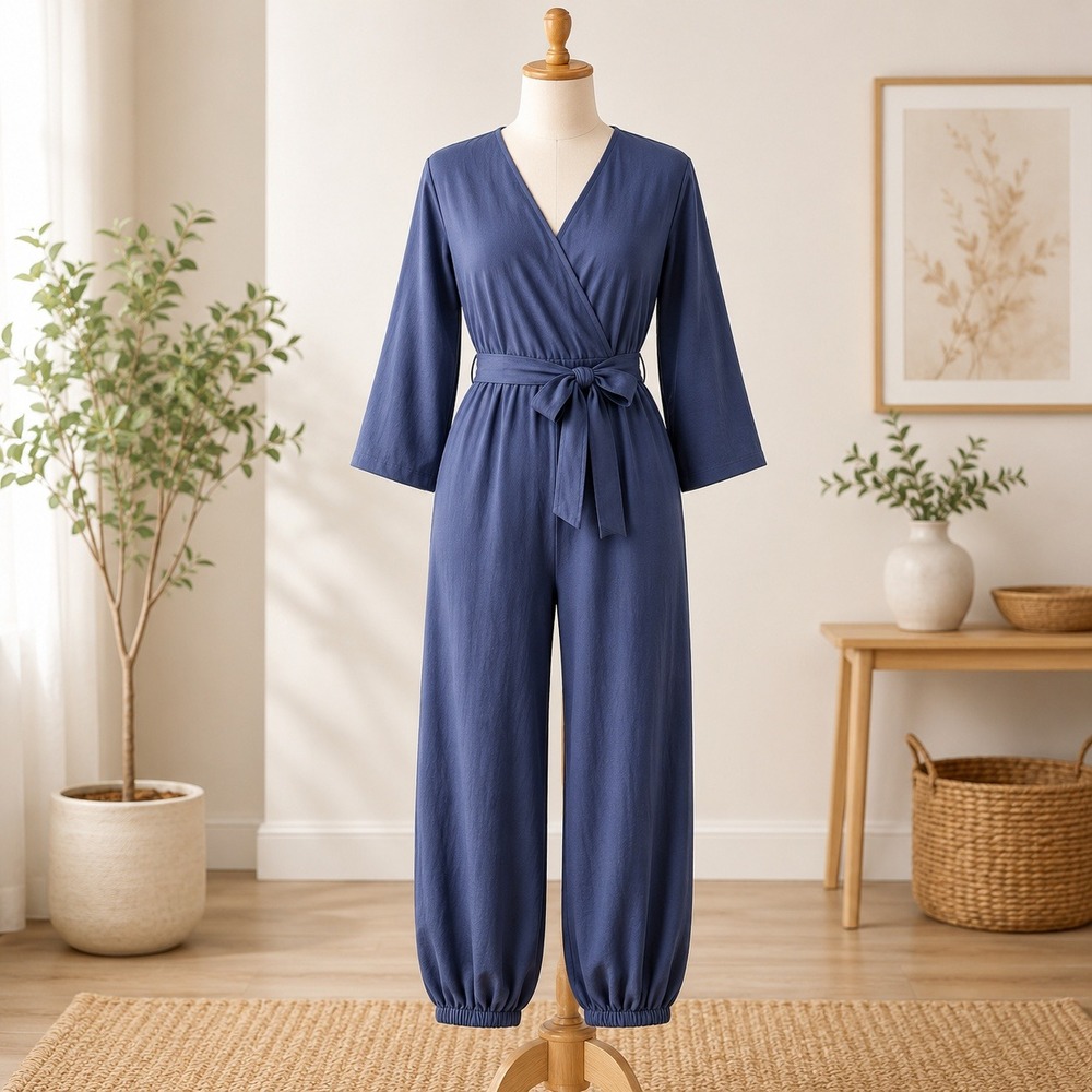 NWT Cupshe Jumpsuit‎ Womens Medium Navy Blue V-Neck Tie Waist 3/4 Sleeve Knit